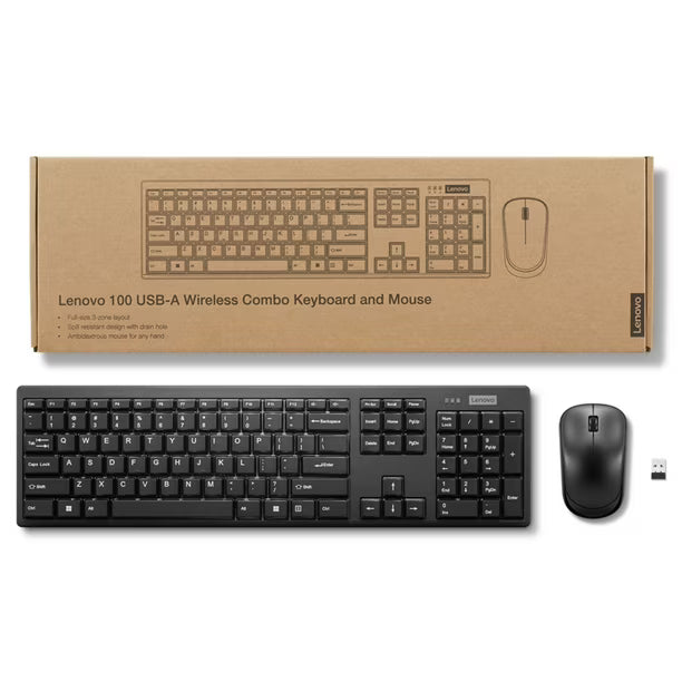 Lenovo 100 USB-A Wireless Combo Keyboard and Mouse - Black, New